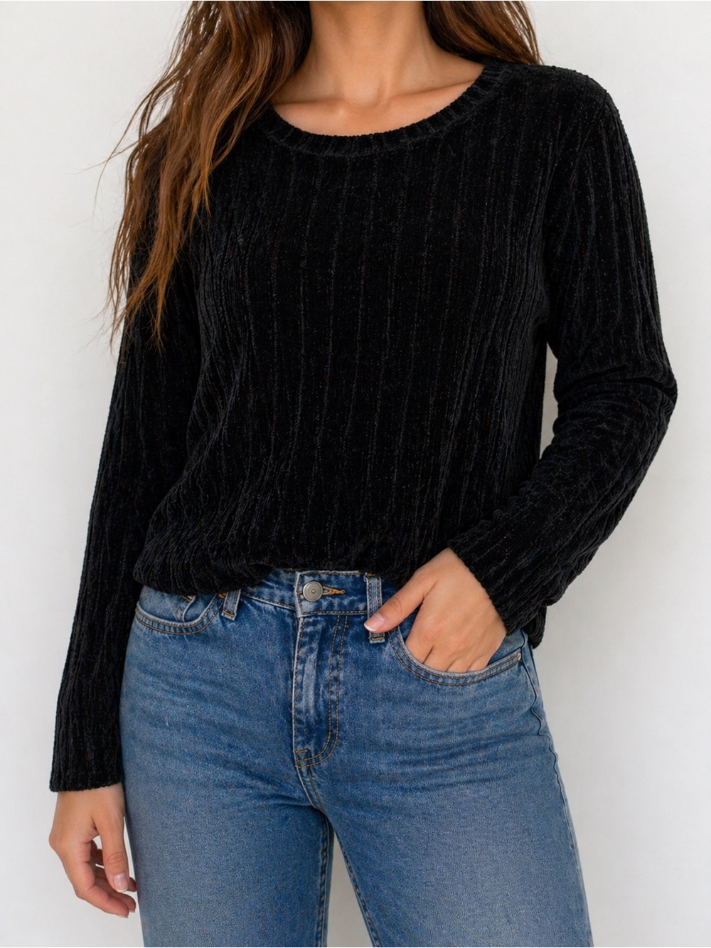 Jo & Bette Black Ribbed Sweater Women’s Size XL Long Sleeve Crewneck Stretch Kni